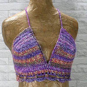 HAND CRAFTED Crop Top Crochet Bikini Halter Purple Multi Color Various